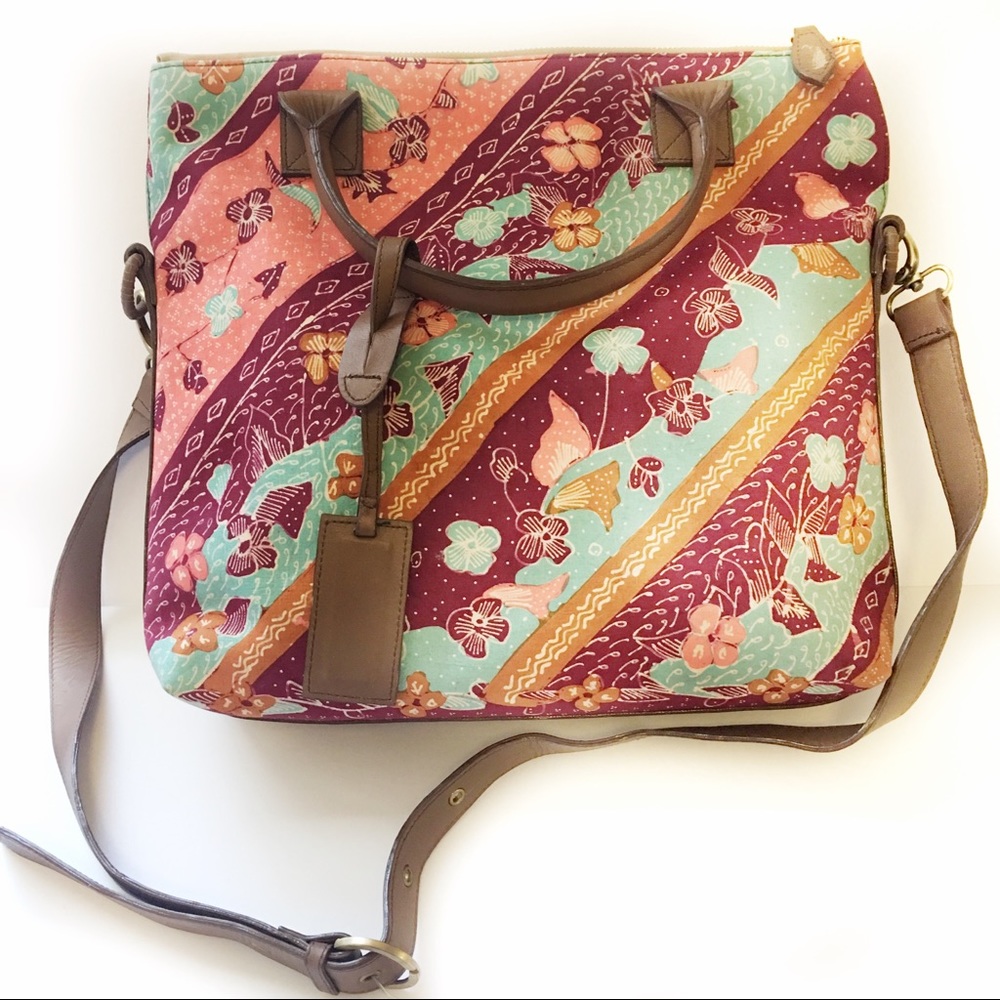 Batik fabric and real leather messenger bag NWOT